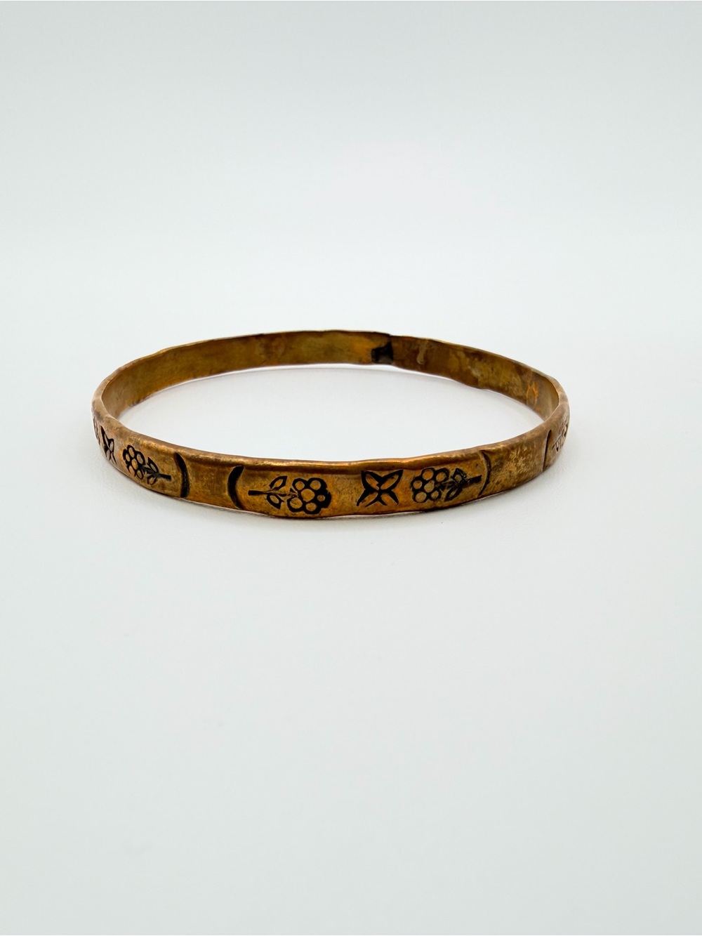 Vintage Mexico Brass Floral Etched Bangle Bracelet Small Size